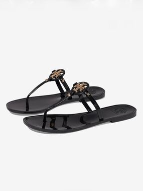Tory Burch Black Jelly Thong Sandals with Gold Logo